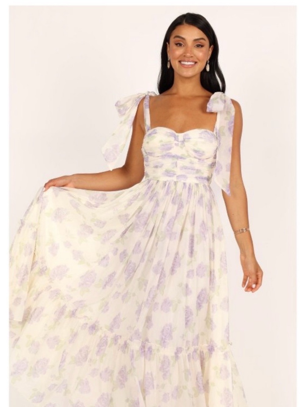 Tie-Shoulder Lavender Floral Maxi Dress - Women M